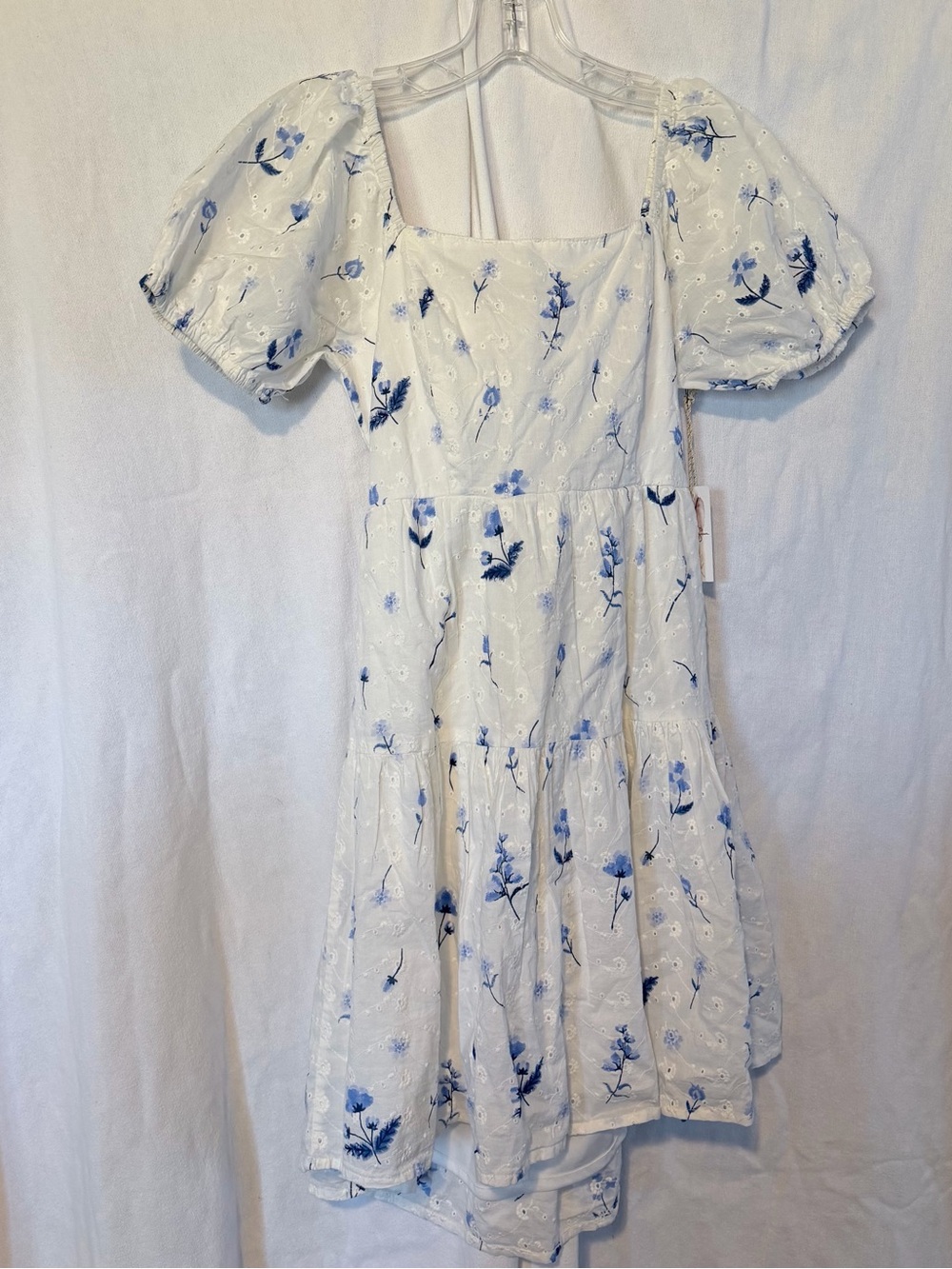 Jessica Simpson White/Blue Floral Eyelet Puff Sleeve Cut Out Mini Dress; NWT